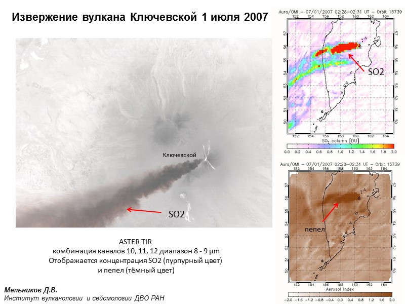 Извержение вулкана Ключевской 1 июля 2007 ASTER TIR  комбинация каналов 10, 11, 12